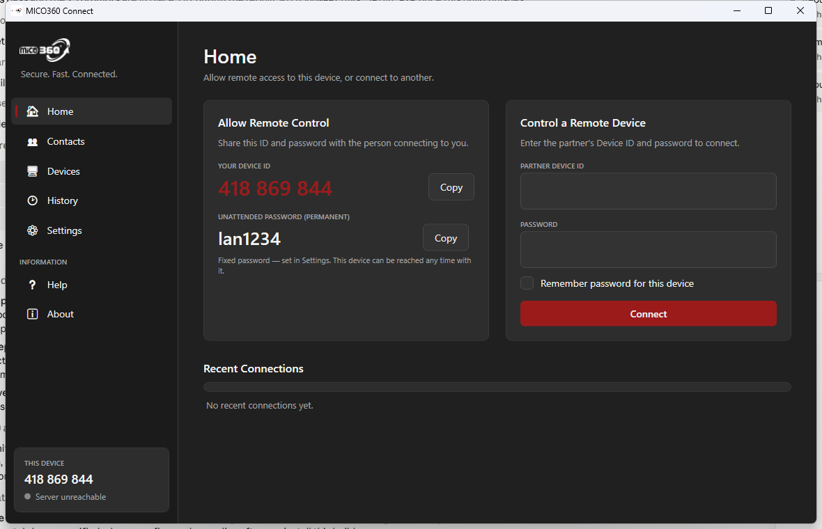 MICO360 Connect home screen
