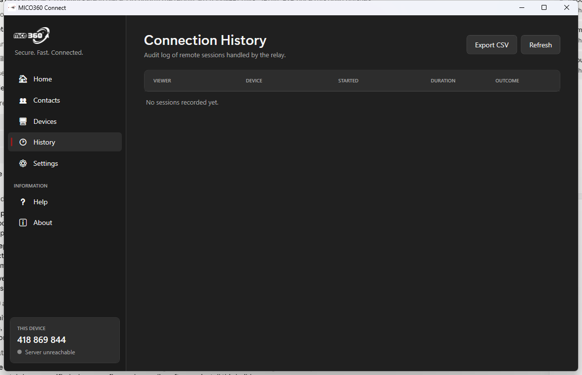 MICO360 Connect — Session history