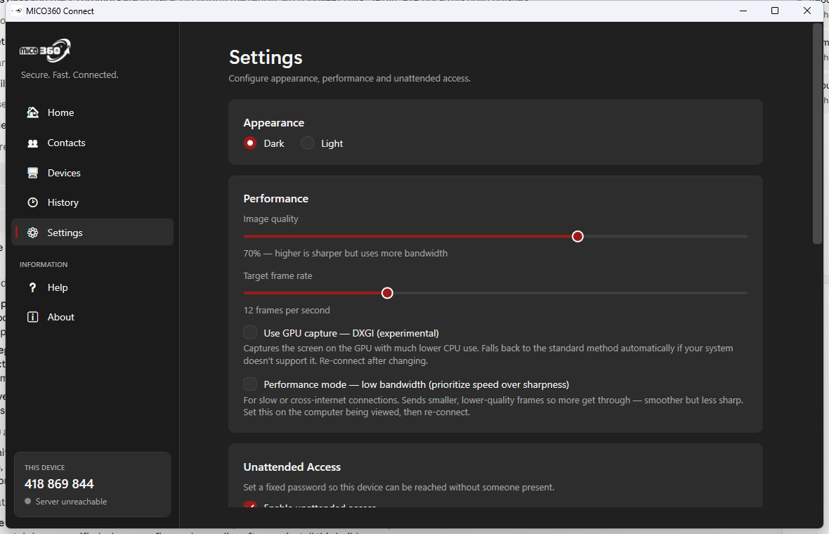 MICO360 Connect — Settings