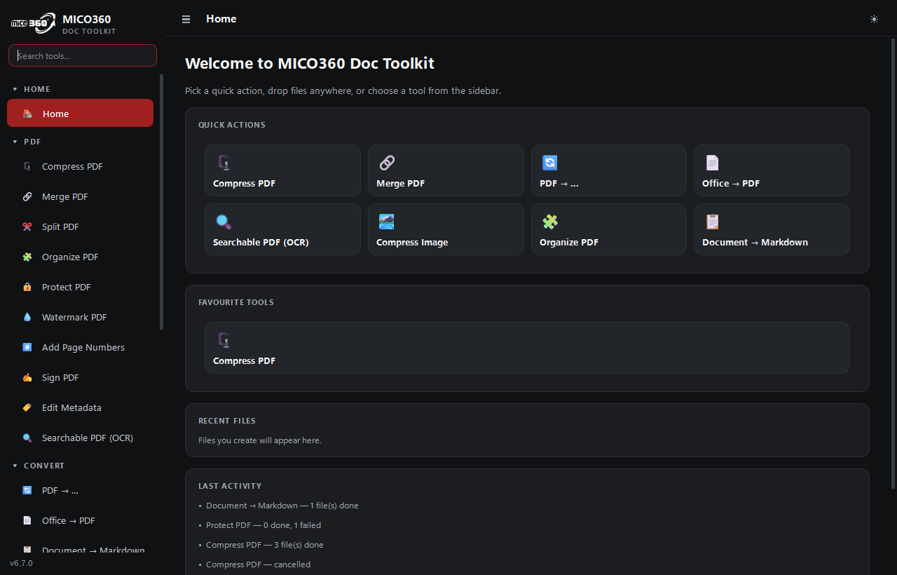 MICO360 Doc Toolkit — Dashboard (dark)
