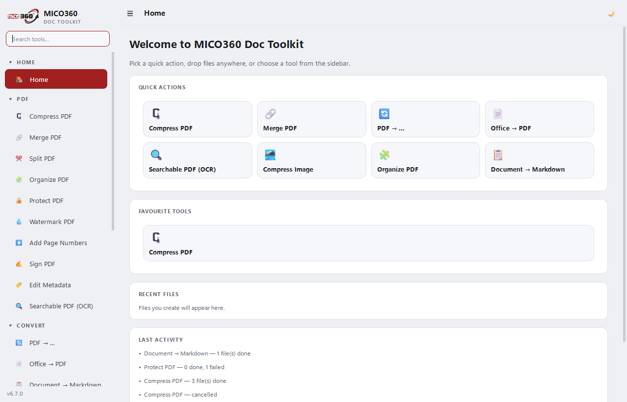 MICO360 Doc Toolkit dashboard
