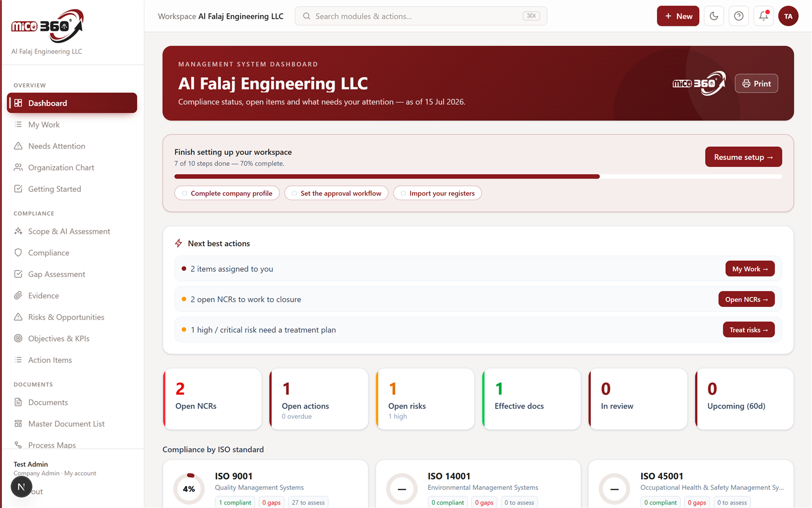 MICO360 ISO Desk dashboard — compliance rings per ISO standard, KPI tiles and next-best actions