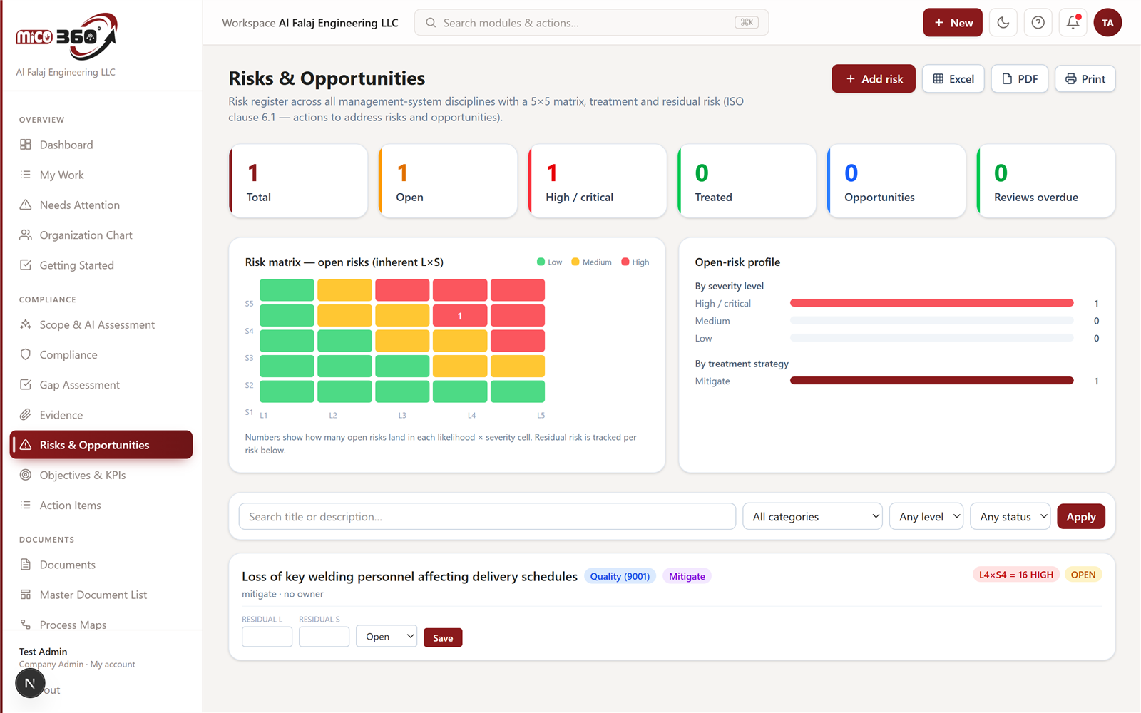 ISO Desk risks and opportunities module with 5x5 risk matrix and treatment tracking