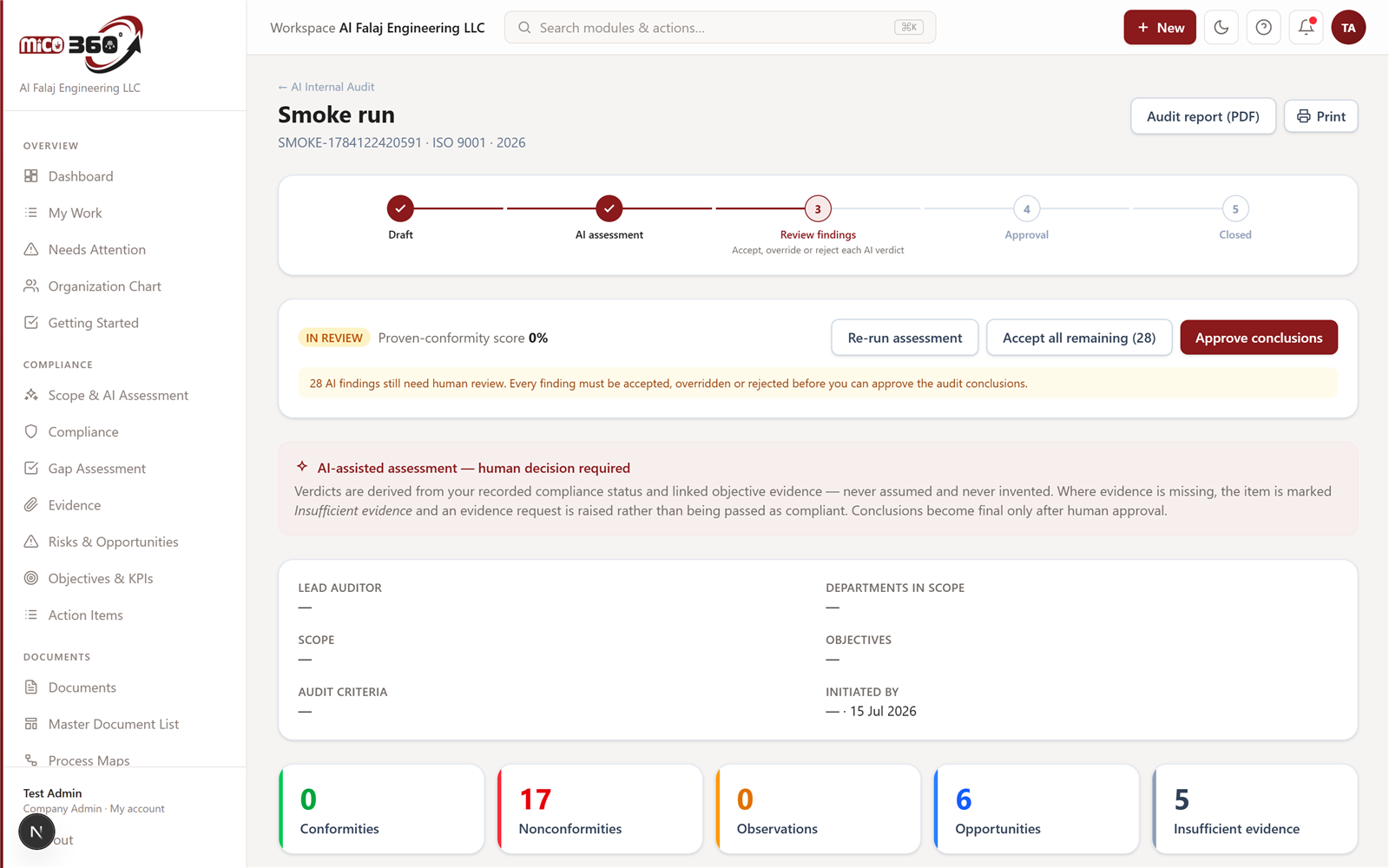 MICO360 ISO Desk AI internal audit — clause-by-clause findings classified as conformity, nonconformity or observation