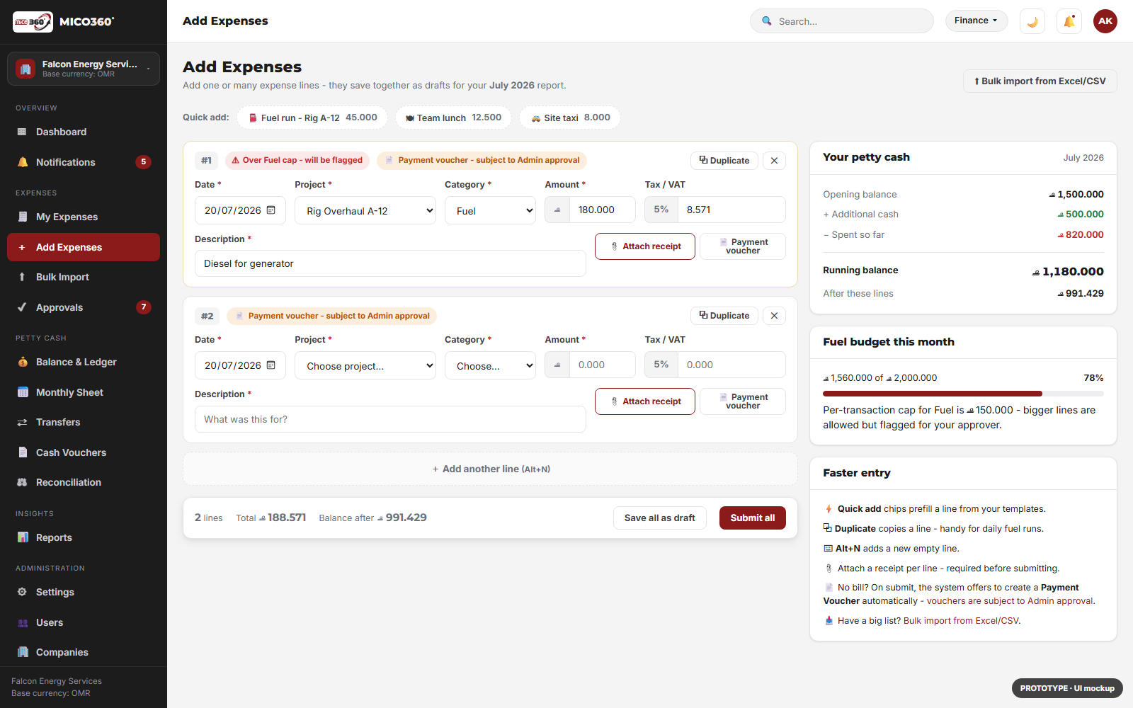 MICO360 Petty Cash multi-line expense entry with per-line receipts, running total and balance preview